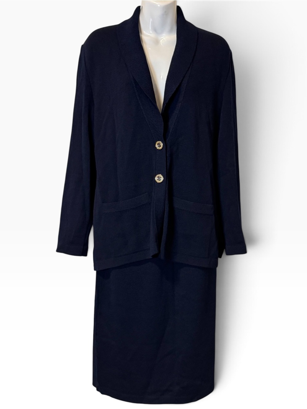 St. John Collection Navy Shawl Collar Knit Blazer Gold Buttons and Skirt Size 8